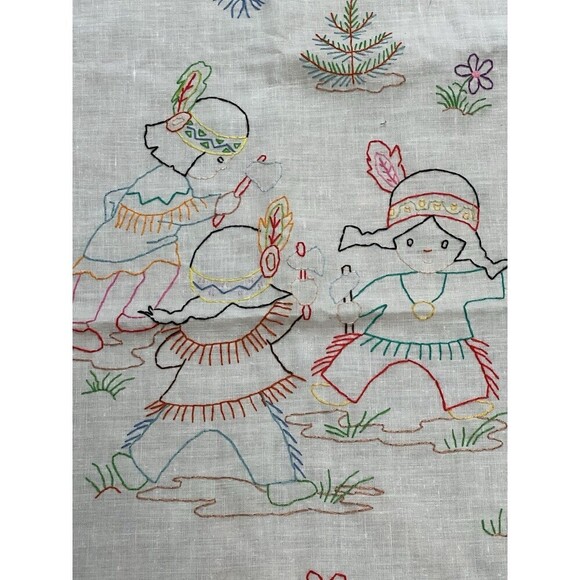 Vintage Hand Embroidered Cross Stitch Tablecloth Children 56” X 34” White Cotton - Picture 6 of 9